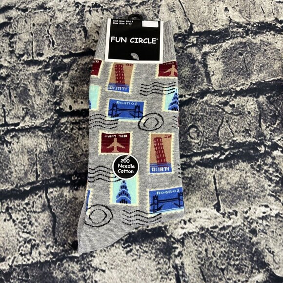 Fun Circle Men's Postage Stamp Sox size 10-13 Crew Socks 1 Pair Shoe sz 6-12 - Picture 2 of 7